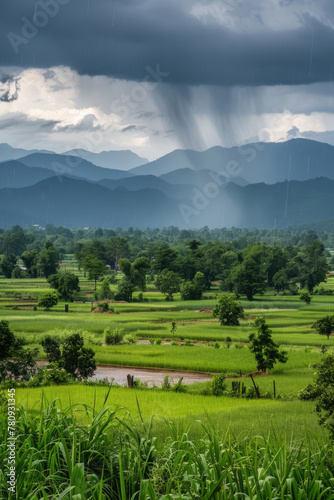 Lush green rice fields stretch before a backdrop of mountains and dark storm clouds with visible rain in the distance