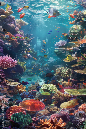 Many different types of fish swim in a colorful underwater scene, showcasing the variety of marine life present in the habitat