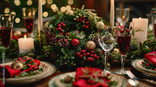 A Christmas table set with plates and candles for a festive dinner celebration