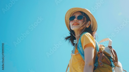A woman in a hat and sunglasses looking up at the sky. Suitable for travel and lifestyle themes