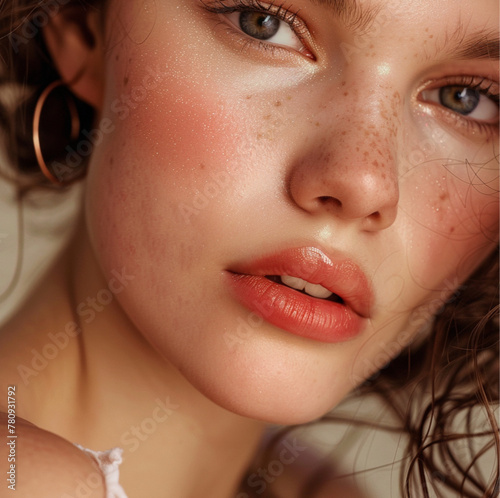 model with Dewy skin and rosy blush cheeks professional makeup in a fashion photo