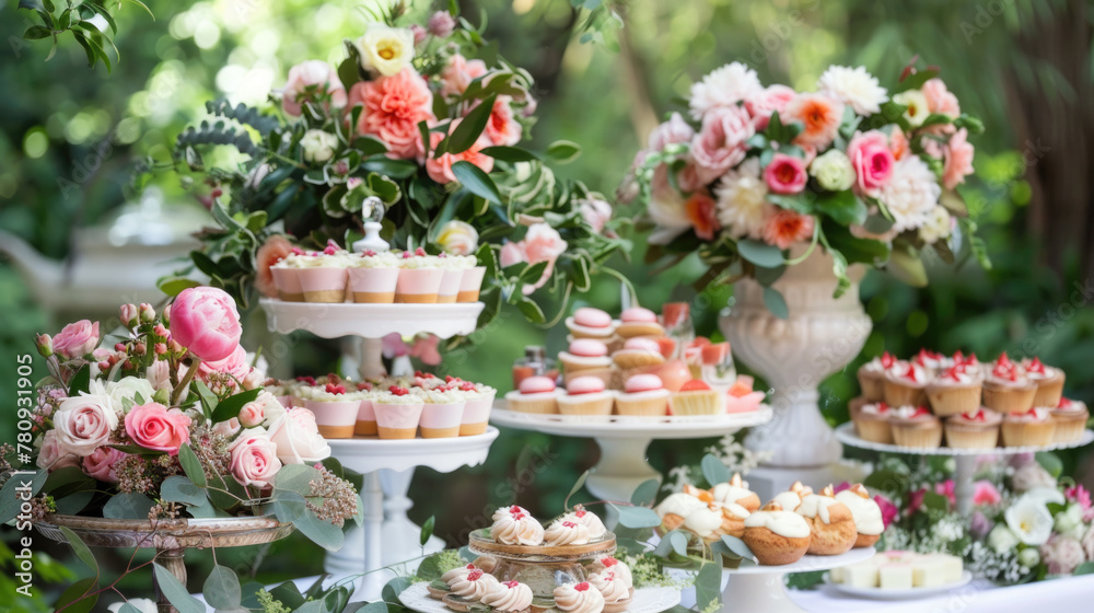 A variety of freshly baked cakes and cupcakes arranged on a table, ready to be served at a festive occasion A variety of freshly baked cakes and cupcakes arranged on a table, ready to be served at a festive occasion