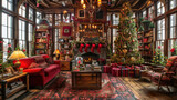 A living room overflowing with numerous Christmas decorations, including a tree, lights, ornaments, wreaths, stockings, and figurines