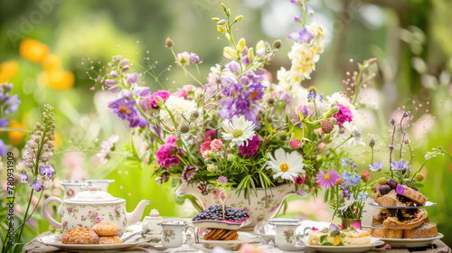 A table is covered with plates of food and a vase filled with colorful flowers, creating a festive setting