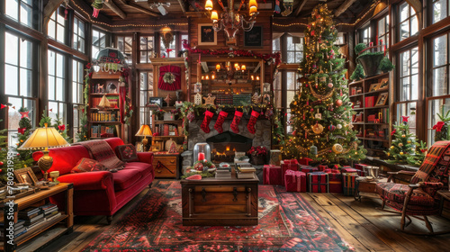 A living room overflowing with numerous Christmas decorations, including a tree, lights, ornaments, wreaths, stockings, and figurines © sommersby