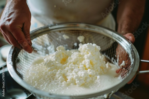 A person holding a strainer over a bowl of food. Suitable for food preparation concept photo