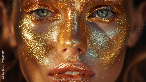 Woman in golden skin portrait closeup. Model girl in golden glamour makeup. Gold jewelry, accessories, and body and lip art.