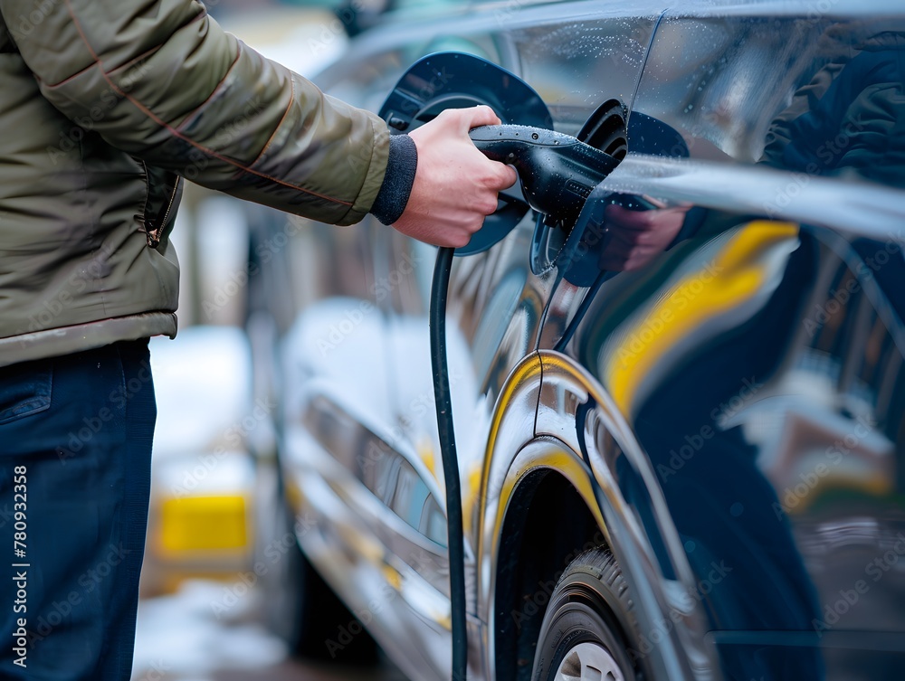 Man plugging in cable while charging electric car Man plugging in cable while charging electric car