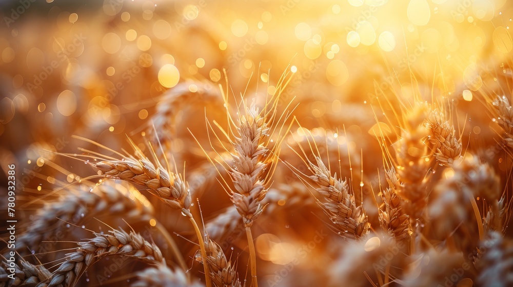 Golden wheat field. Close up of ripening ears. Sunset landscape, rural setting. Rich harvest background. Meadow wheat field.