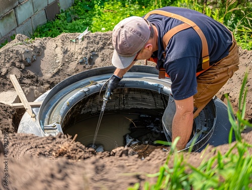 Man pumping out house septic tank. drain and sewage cleaning service photo