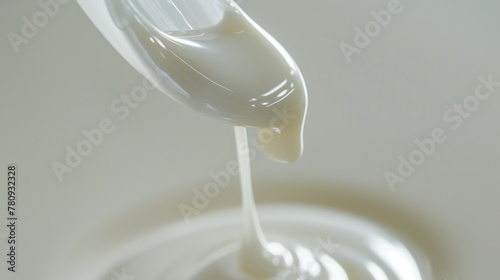 Pouring milk from a spoon into a bowl. Ideal for food and cooking concepts