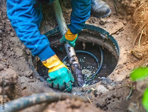 Man pumping out house septic tank. drain and sewage cleaning service photo