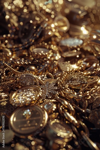 A pile of gold and silver jewelry, perfect for fashion blogs or luxury lifestyle websites