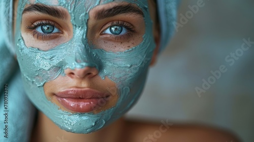 Woman applying a facial mask at spa. Beauty treatments. Close-up portrait of beautiful girl applying facial mask at spa.