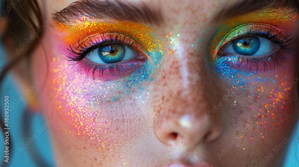 Stunning young woman's face with stunning nail polish. Vivid colors. Colorful manicure with fashion makeup. Rainbow colors. Beautiful woman touching her face.