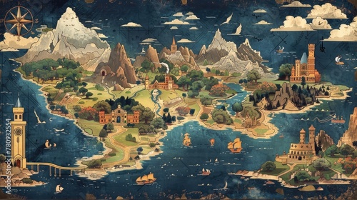 Enchanting Illustrated Map of a Whimsical Fantasy Landscape with Towering Mountains Magical Castles and Flowing Waterways