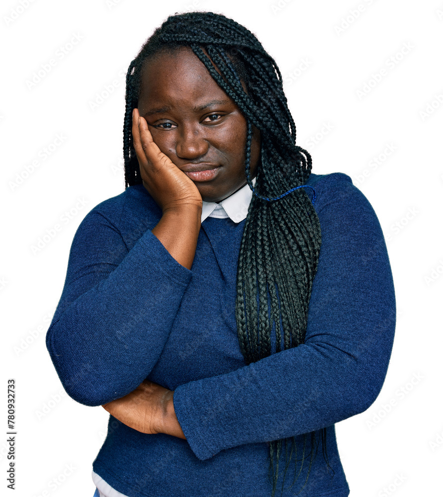 Young black woman with braids wearing casual clothes thinking looking tired and bored with depression problems with crossed arms. Young black woman with braids wearing casual clothes thinking looking tired and bored with depression problems with crossed arms.