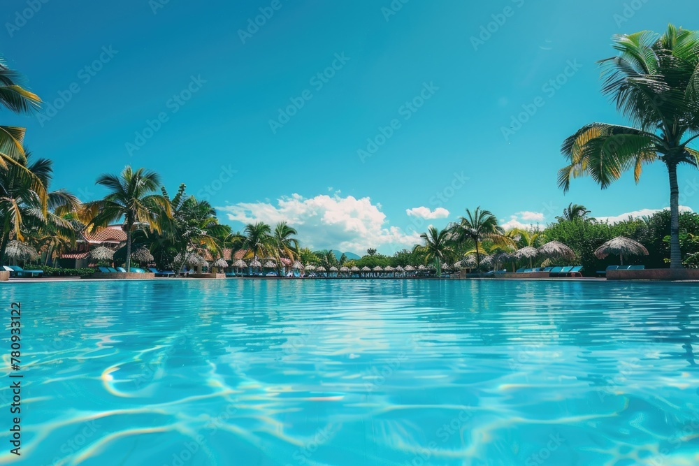 Relaxing scene with palm trees and a swimming pool. Perfect for travel brochures