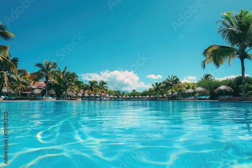 Relaxing scene with palm trees and a swimming pool. Perfect for travel brochures