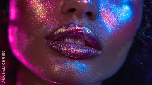 A young woman with metallic silver lips poses in studio under bright neon blue and purple lights  beautiful girl with trendy glow make up  colorful make up. We see this high fashion model wearing