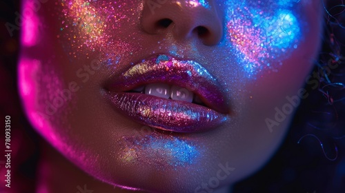 A young woman with metallic silver lips poses in studio under bright neon blue and purple lights, beautiful girl with trendy glow make up, colorful make up. We see this high fashion model wearing