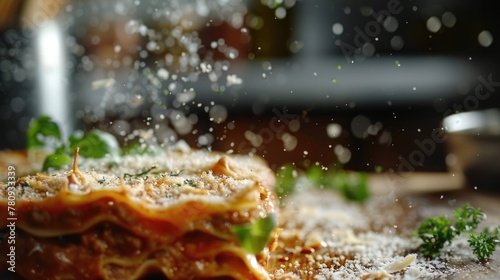 Plate of lasagna with parmesan cheese and fresh parsley. Perfect for food blogs and Italian cuisine websites