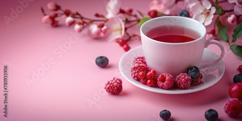 A simple and refreshing image of a cup of tea with berries on a saucer. Perfect for food and beverage concepts