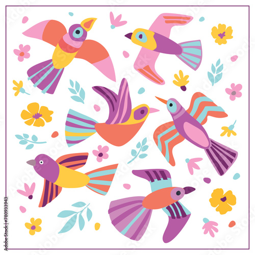 A set of vector illustrations with birds and flowers, leaves. Simple forms. For children, patterns, postcards © Olga