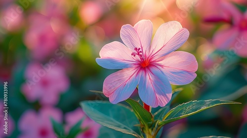   A pink flower atop a lush green field  surrounded by a sea of pink and purple blooms  with the sun casting golden rays behind