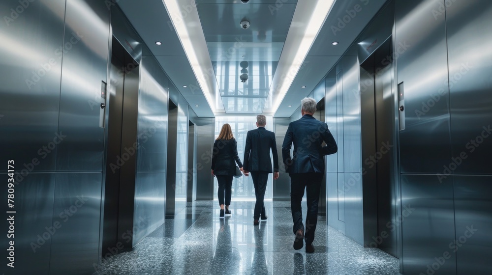 Group of people walking down an elevator, suitable for corporate and business concepts Group of people walking down an elevator, suitable for corporate and business concepts