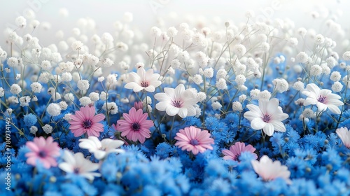  A field of blue and white flowers, populated by pink and white daisies in the center, and surrounded by white and pink blooms
