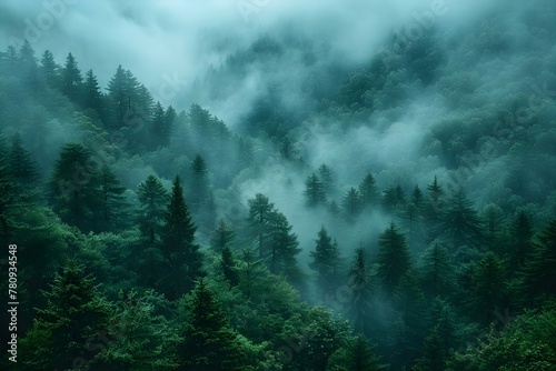 Misty Mountain Forest: Vintage-style Pine Trees and Atmospheric Clouds. Concept Nature Photography, Landscape Images, Atmospheric Scenes © Anastasiia