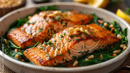  Salmon and spinach atop bed of fresh spinach and pine nuts