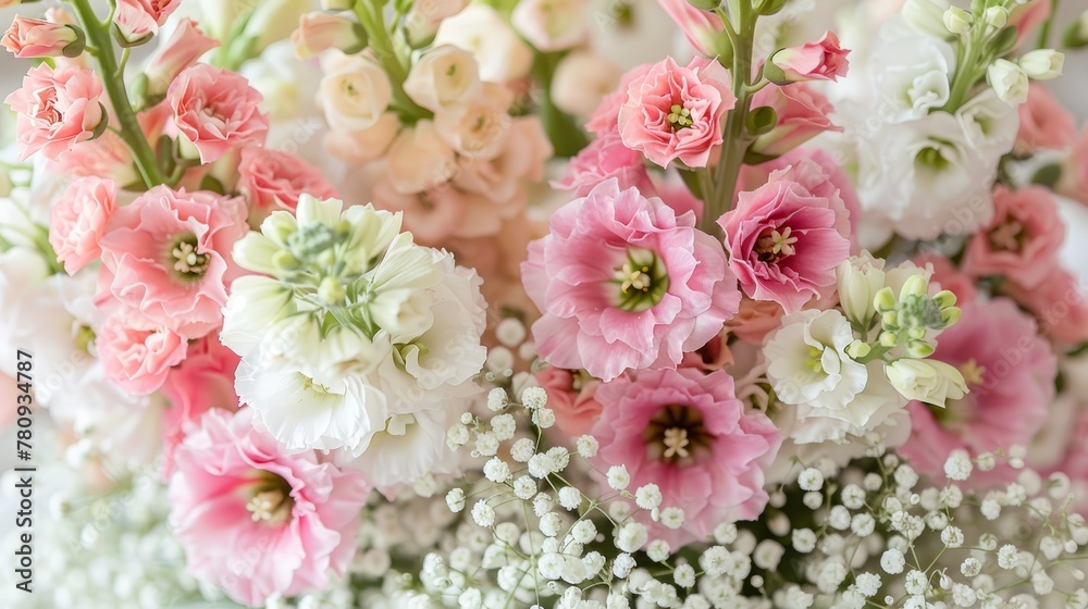   A vase holds a collection of pink and white flowers, accompanied by baby's breath