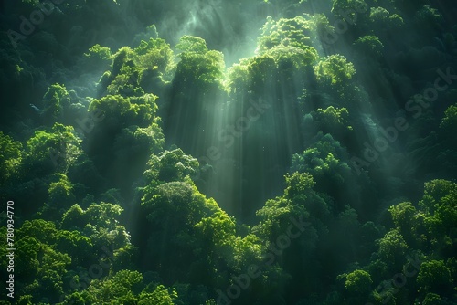 Heart-shaped spotlight on forest floor created by sunlight filtering through dense canopy. Concept Nature, Light and Shadow, Heart-Shaped, Forest Floor, Sunlight Filtering