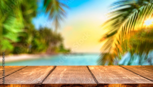 Empty wooden countertop with blurred ocean shore, palm trees, sand on background. Mockup for the presentation of summer products drinks and food. Background with empty space for text. Generative AI