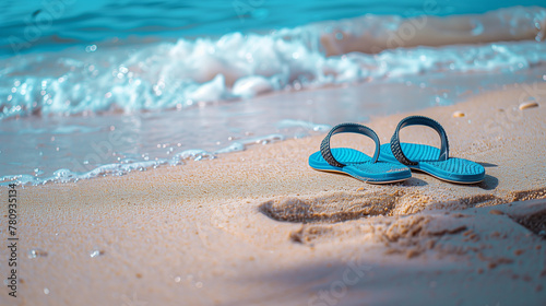 A pair of flip-flops lie abandoned on a sandy beach, evidence of carefree days spent by the water's edge