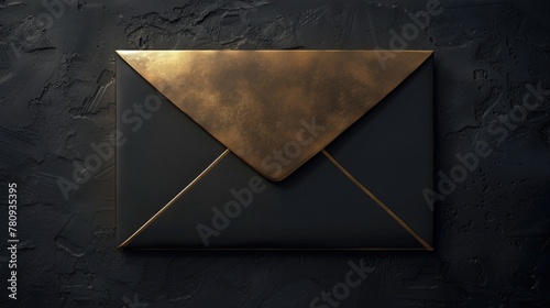 Black envelope with a gold triangle, suitable for business and luxury concepts photo