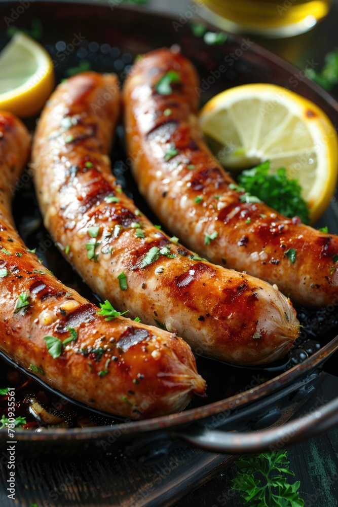 Fresh sausages garnished with lemon slices and parsley. Perfect for food blogs and recipe websites