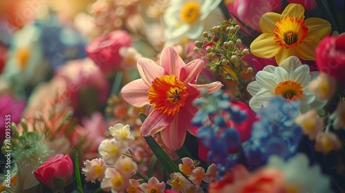  A close-up of various colored flowers in the image's center