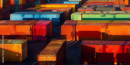 A large number of colorful shipping containers were arranged in rows  with the setting sun casting long shadows on them. Shipping Hub  Colorful cargo containers  Global Trade