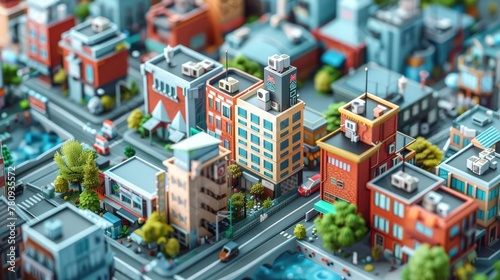 Miniature Geometric Cityscape in Vibrant Hues Tilt Shift Aerial View of a Bustling Digital Metropolis