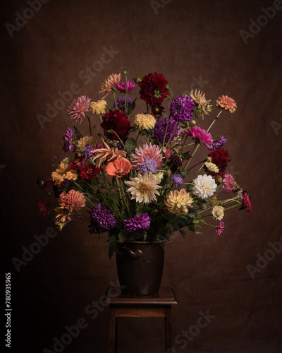 painterly and colorful bouquet of summer flowers with dahlias in vase in dark renaissance style