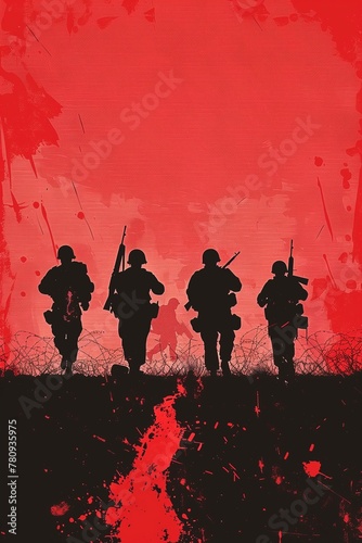 Silhouettes of soldiers on red backdrop. Remembrance Day symbol. Victory over Nazism. May 8, WWII memorial.