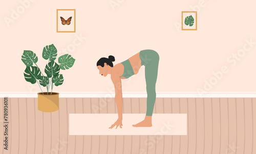 woman practicing yoga, forward fall pose