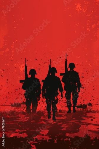 Silhouettes of soldiers on red backdrop. Remembrance Day symbol. Victory over Nazism. May 8, WWII memorial.