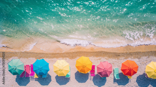 Colorful beach umbrellas dot the sandy shore, providing shade for sunbathers and picnickers alike advertsing style photo