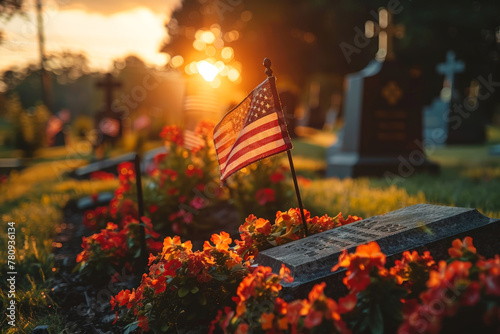 Golden hour light at a cemetery with American flag and floral tributes on a grave. photo