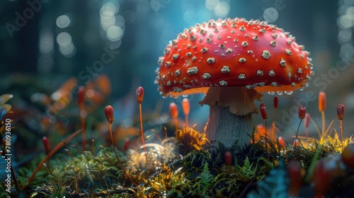 Power Up Mushroom in Enchanted Woodland Landscape with Vibrant Colors and Surreal Details