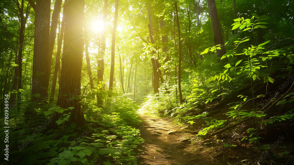 Obraz premium Sunlight through leaves on hiking trail in green forest